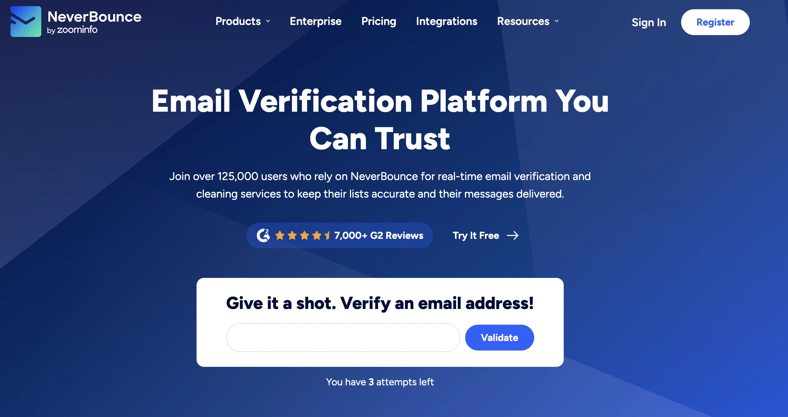 NeverBounce homepage header screenshot