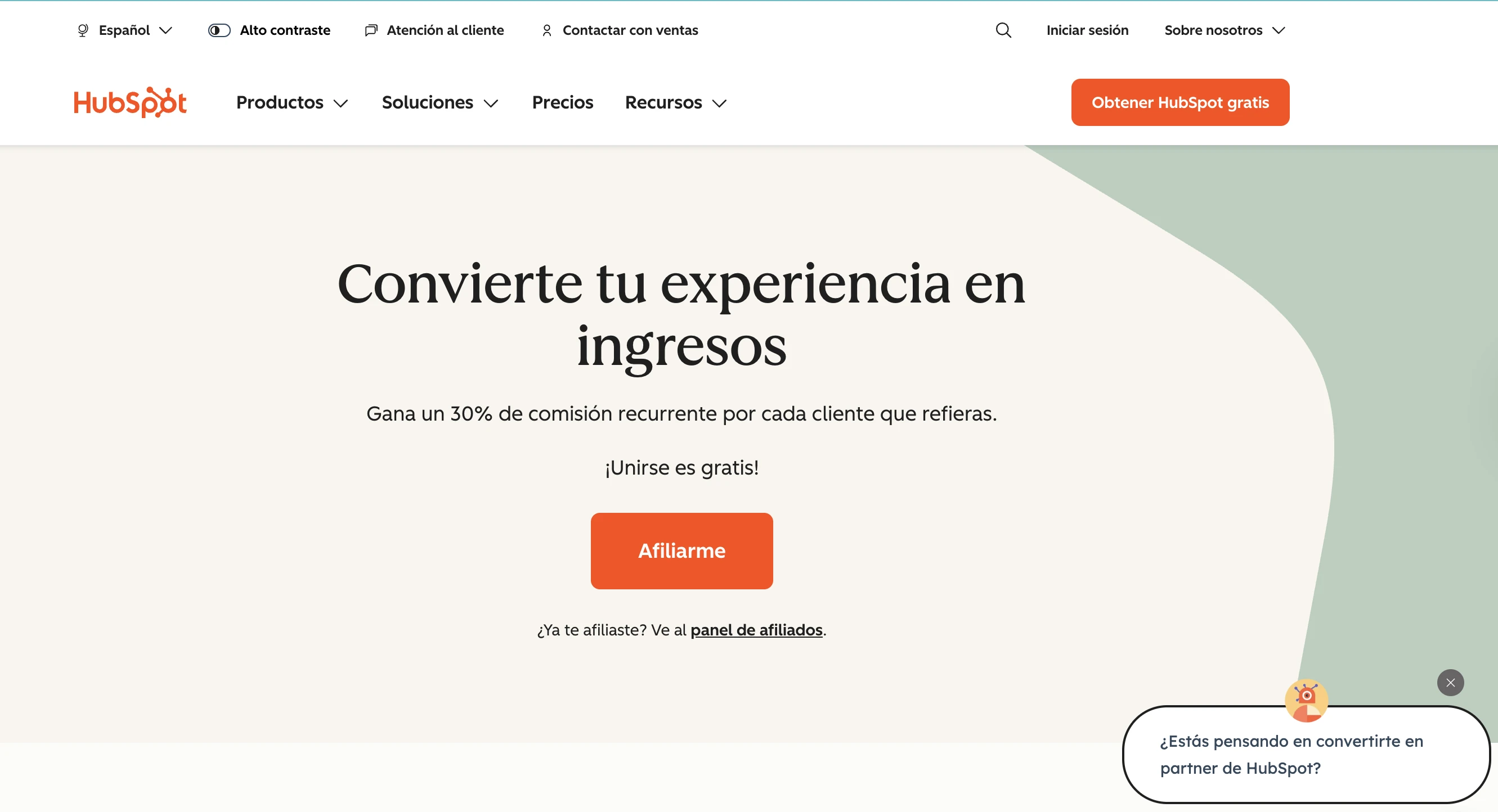 Pagina de programa de afiliados de Hubspot