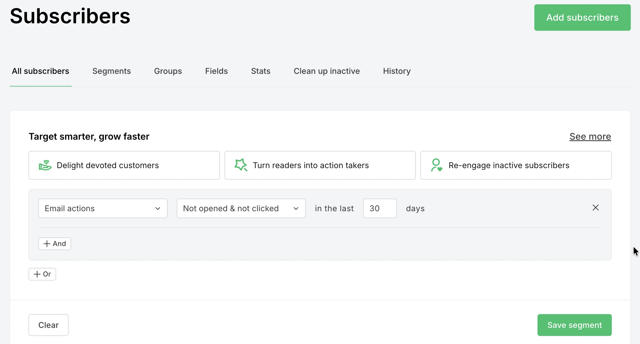 Inactive subscriber filter settings in MailerLite
