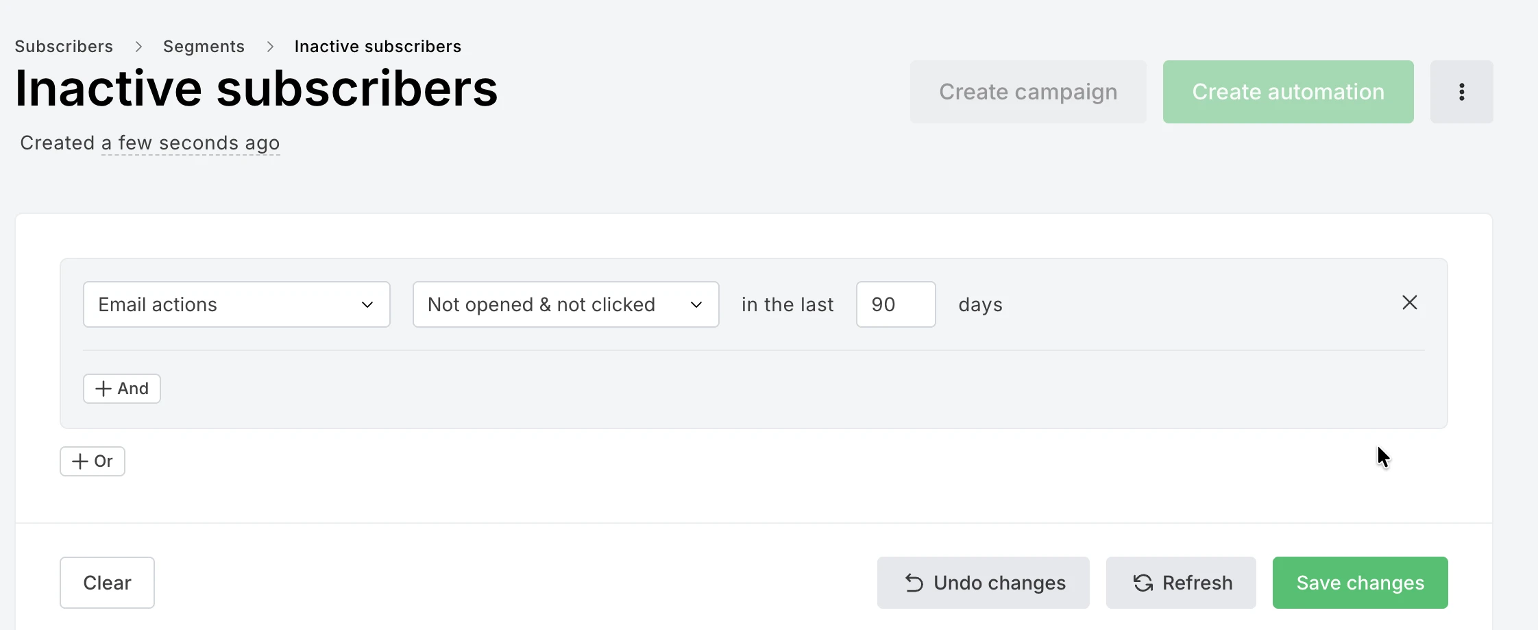 Creating a segment for inactive subscribers in the MailerLite dashboard