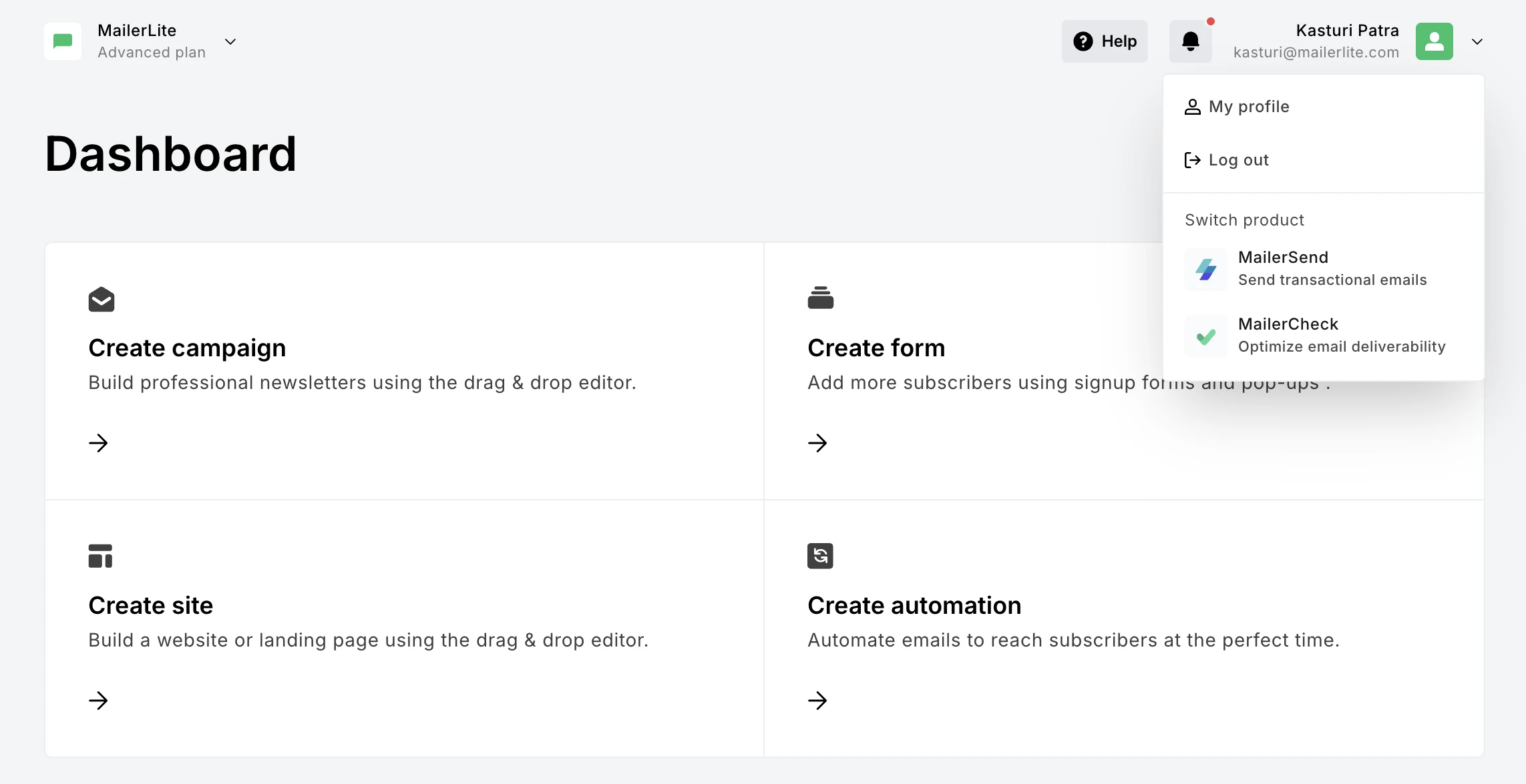 App switcher on MailerLite dashboard