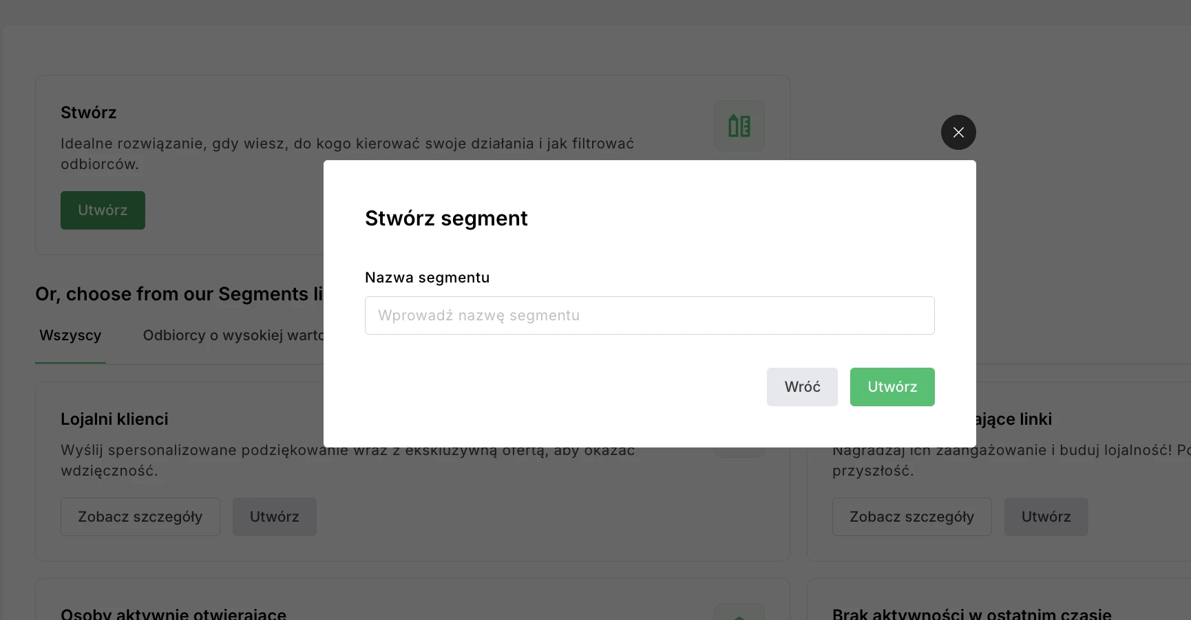 Stwórz segment w MailerLite - screenshot z pulpitu aplikacji