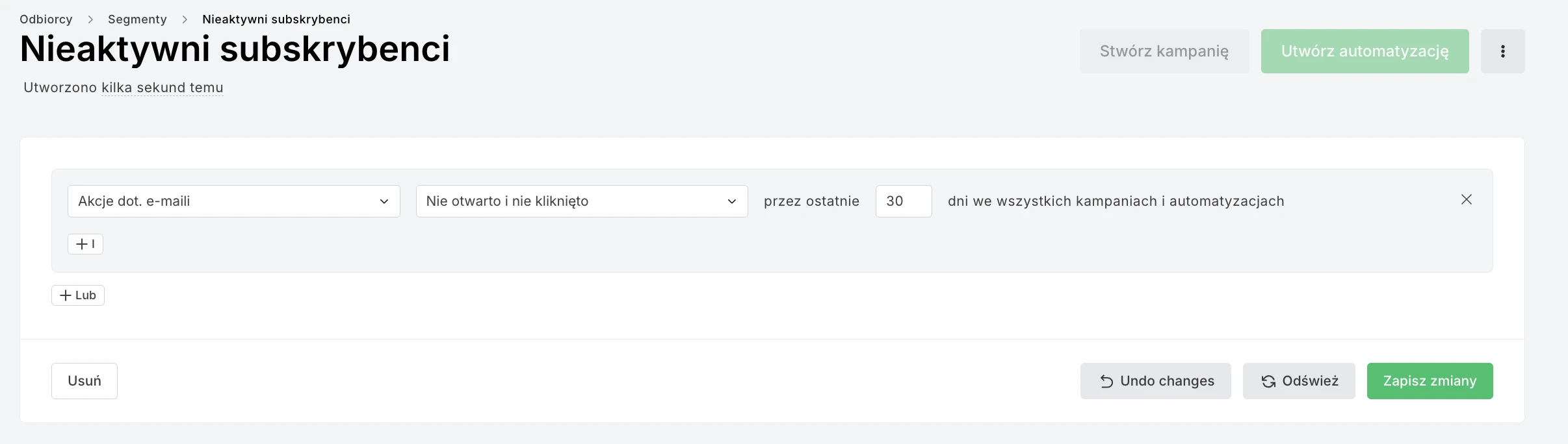Tworzenie segmentu nieaktywnych subskrybentów za pomocą filtra „Akcje dot. e-maili