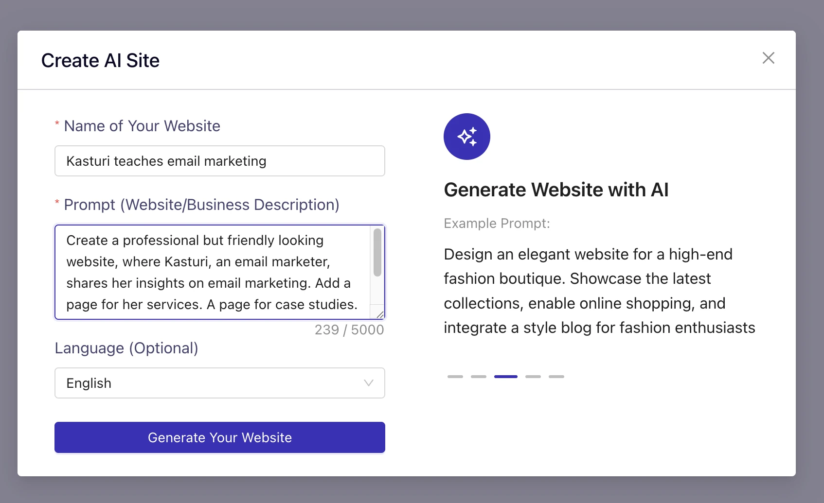 Screenshot of Dorik's generate your website with AI