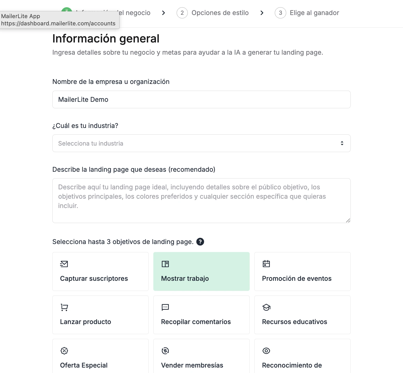 El generador de landing page solicita información sobre tu negocio
