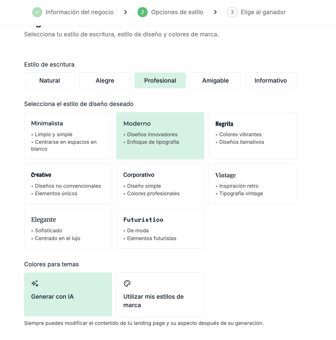 El generador de landing page solicita opciones de estilo