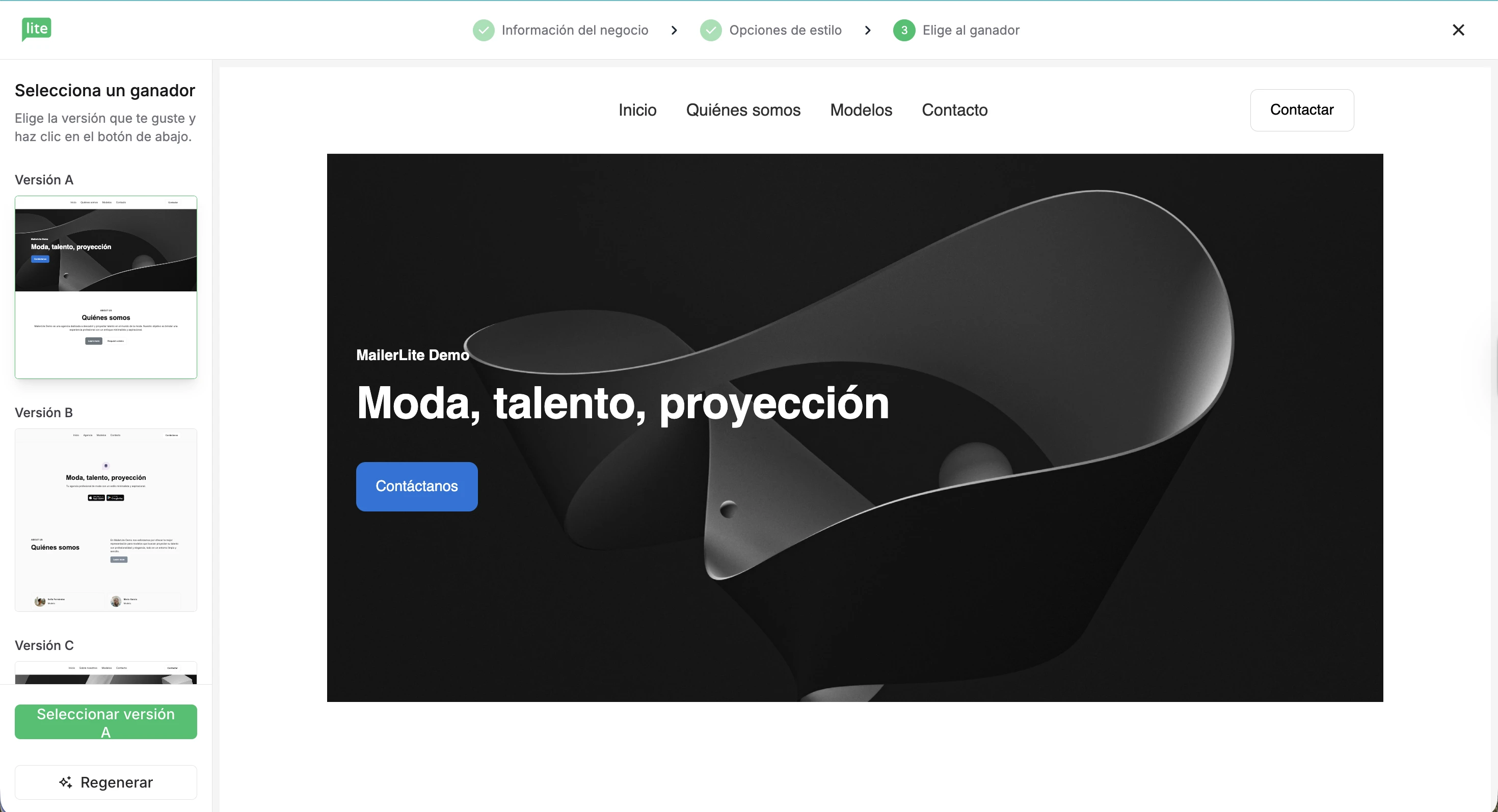 landing page generada en Mailerlite