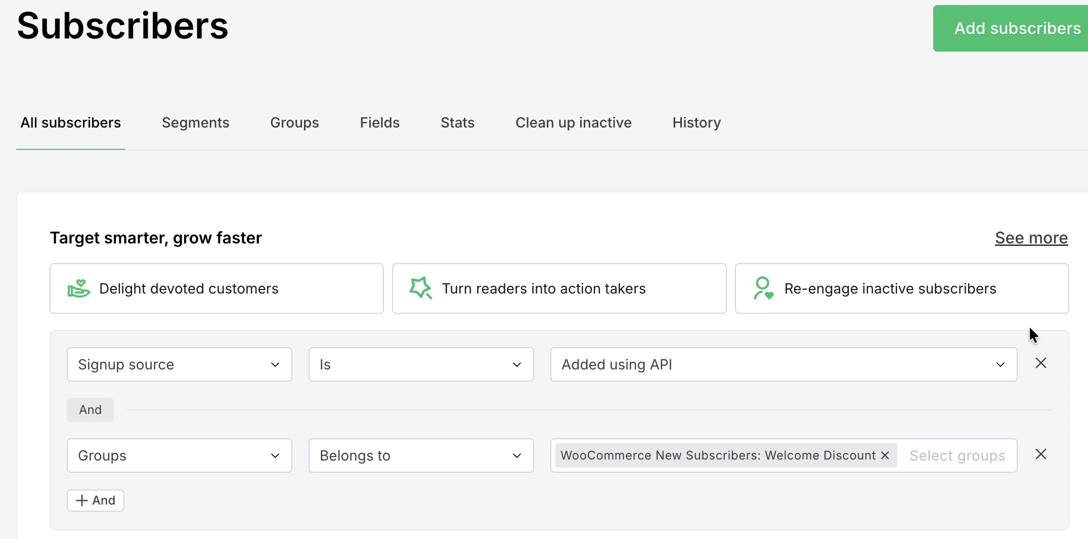 Subscriber management dashboard showing a segment by signup source - MailerLite