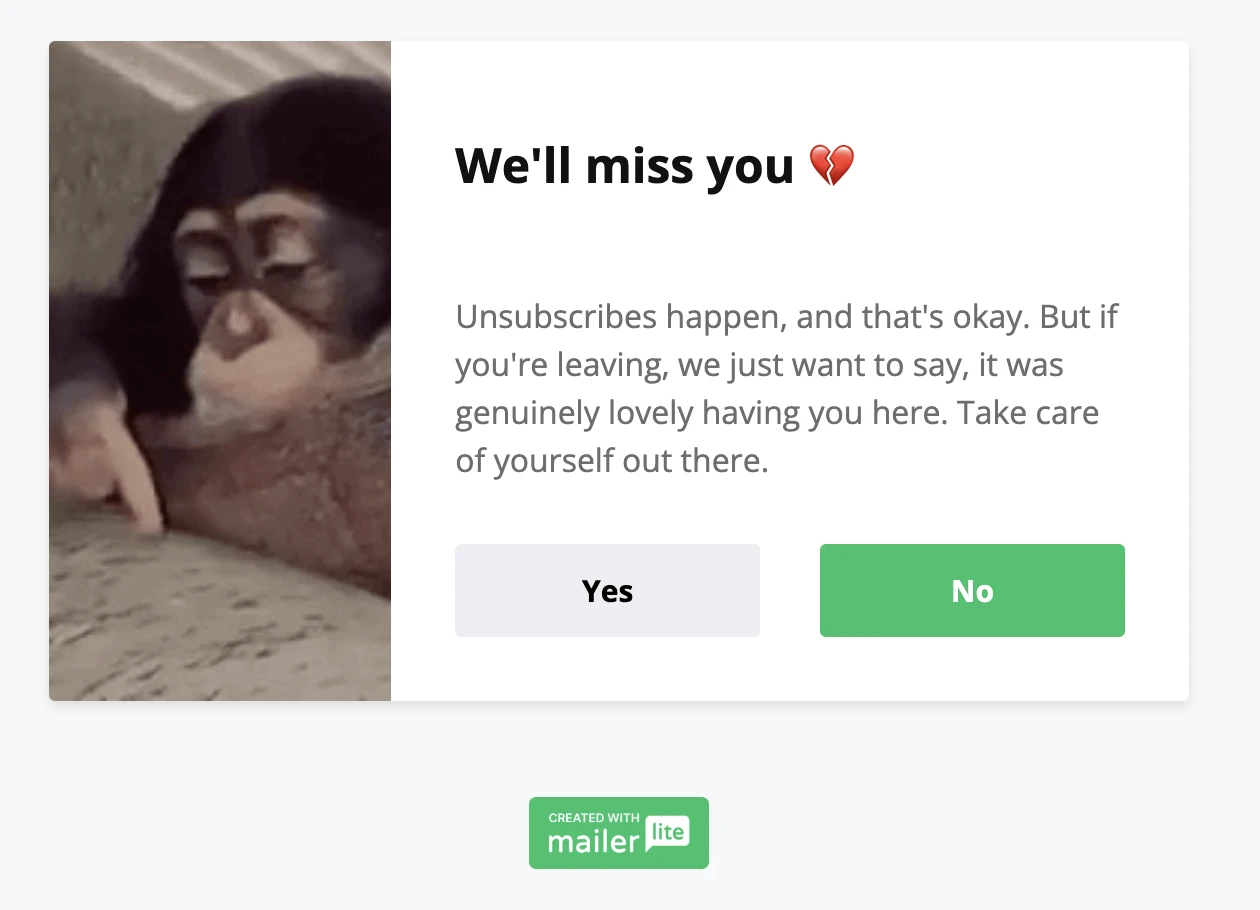 An unsubscribe page designed on MailerLite
