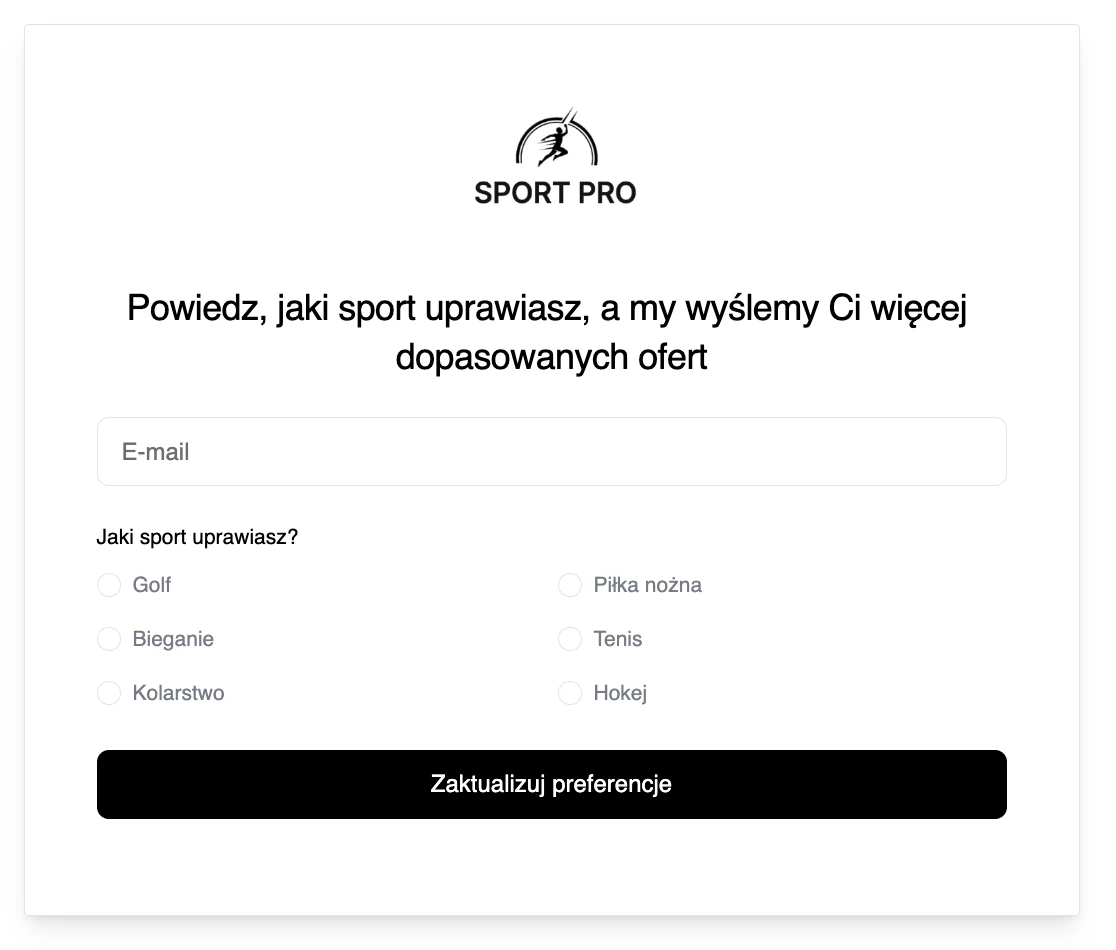 Przykład centrum preferencji z pytaniem o zainteresowania