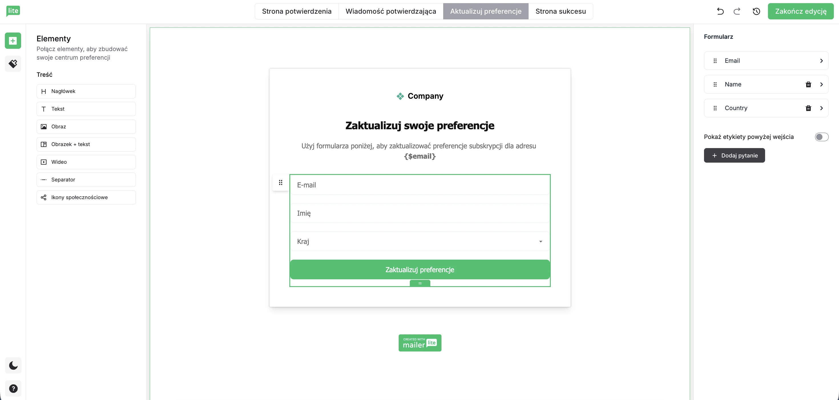Zrzut ekranu z krokiem edycji formularza Centrum preferencji w MailerLite