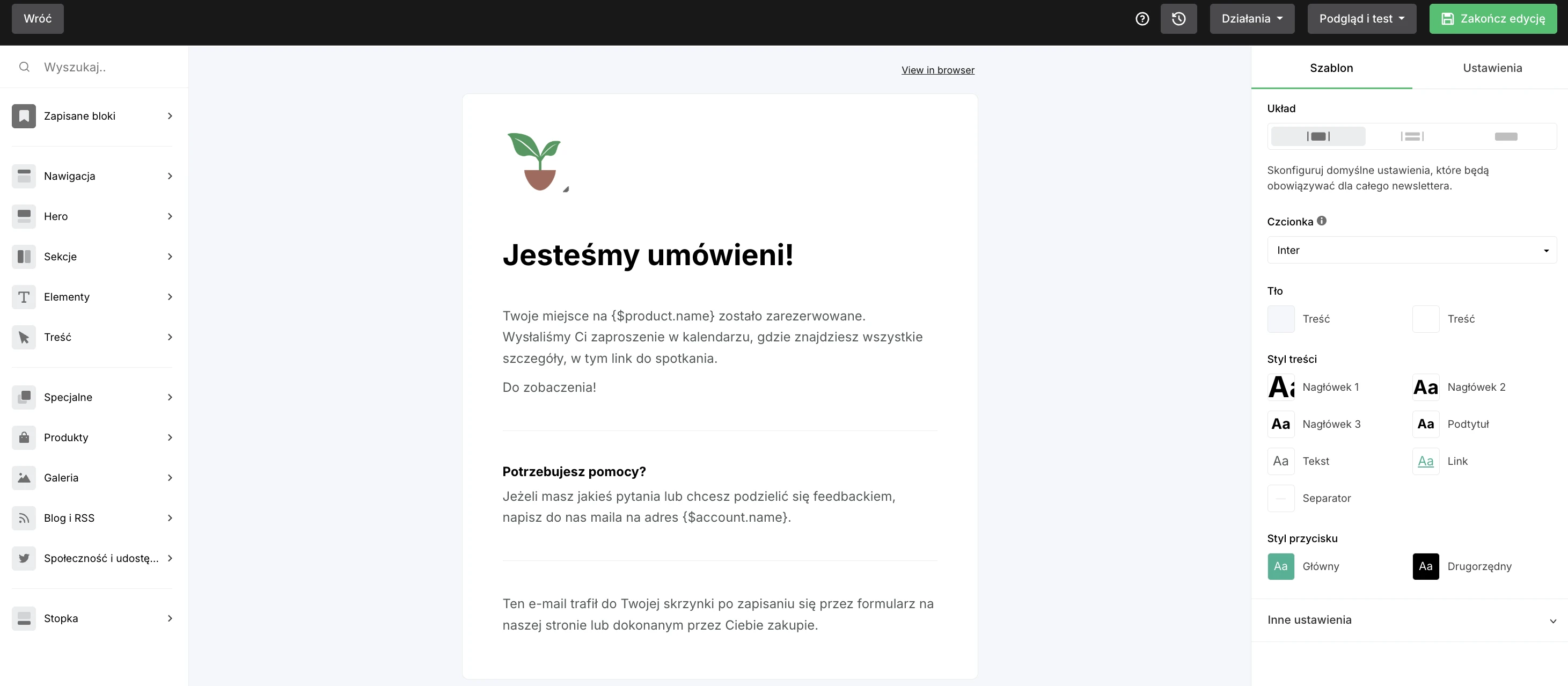 Zrzut ekranu z wiadomością e-mail potwierdzającą zamówienie rezerwacji w MailerLite