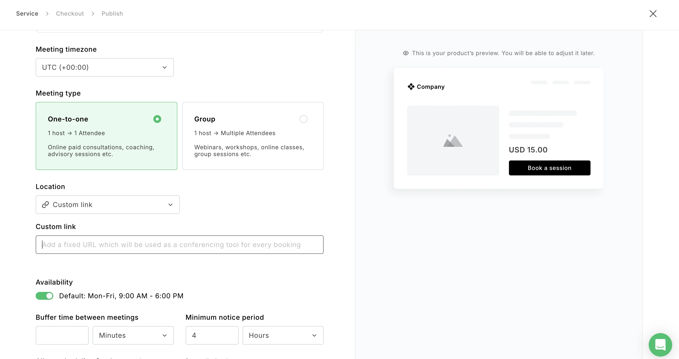 Screenshot showing the location settings in MailerLite's bookings feature. 