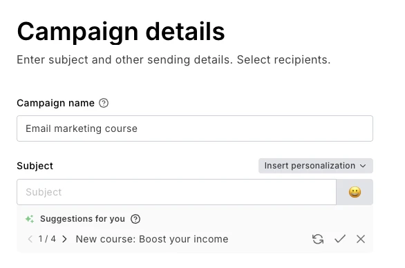 Screenshot of the MailerLite AI subject line generator
