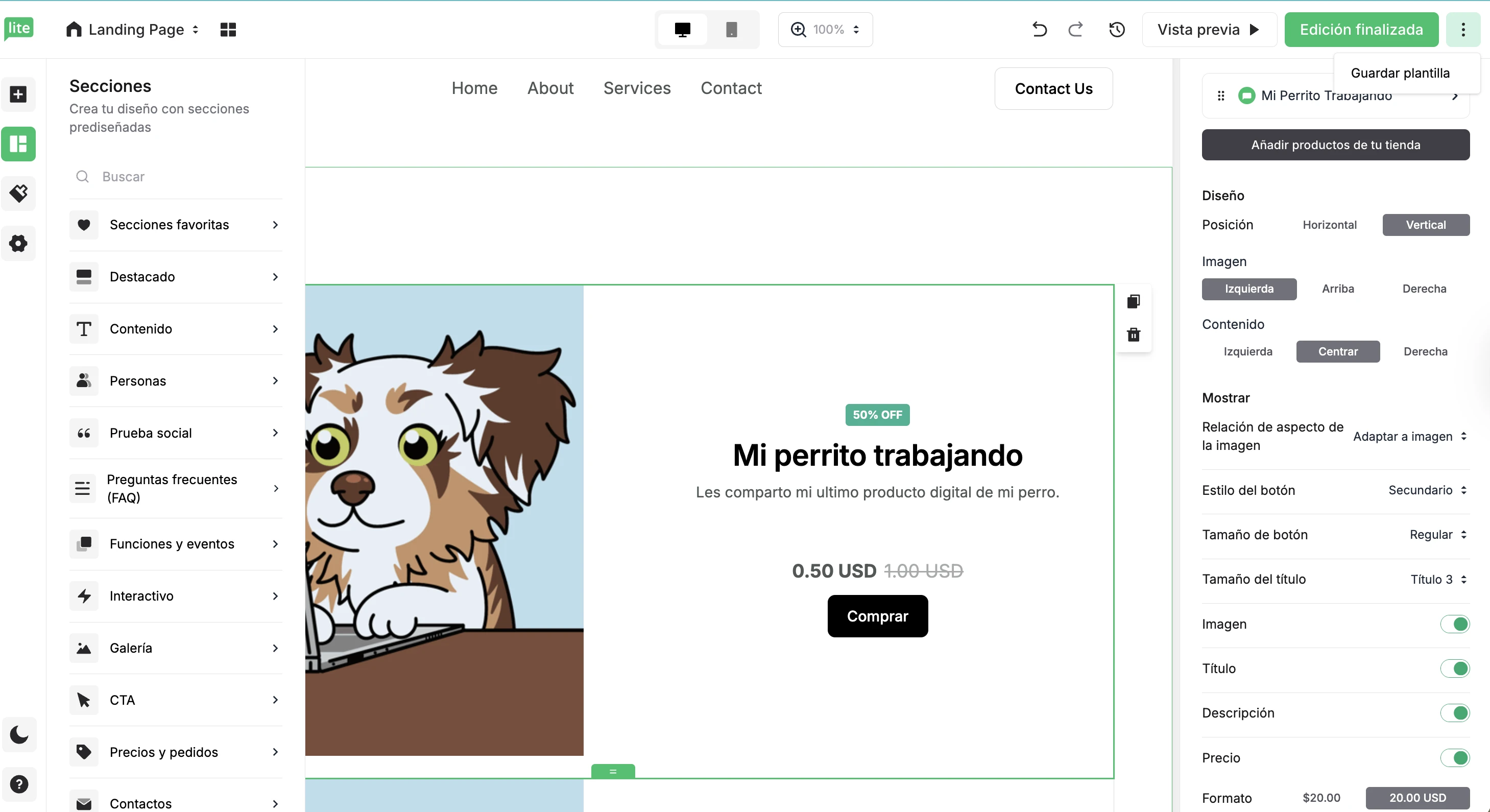 Vista del creador de landing page de mailerlite