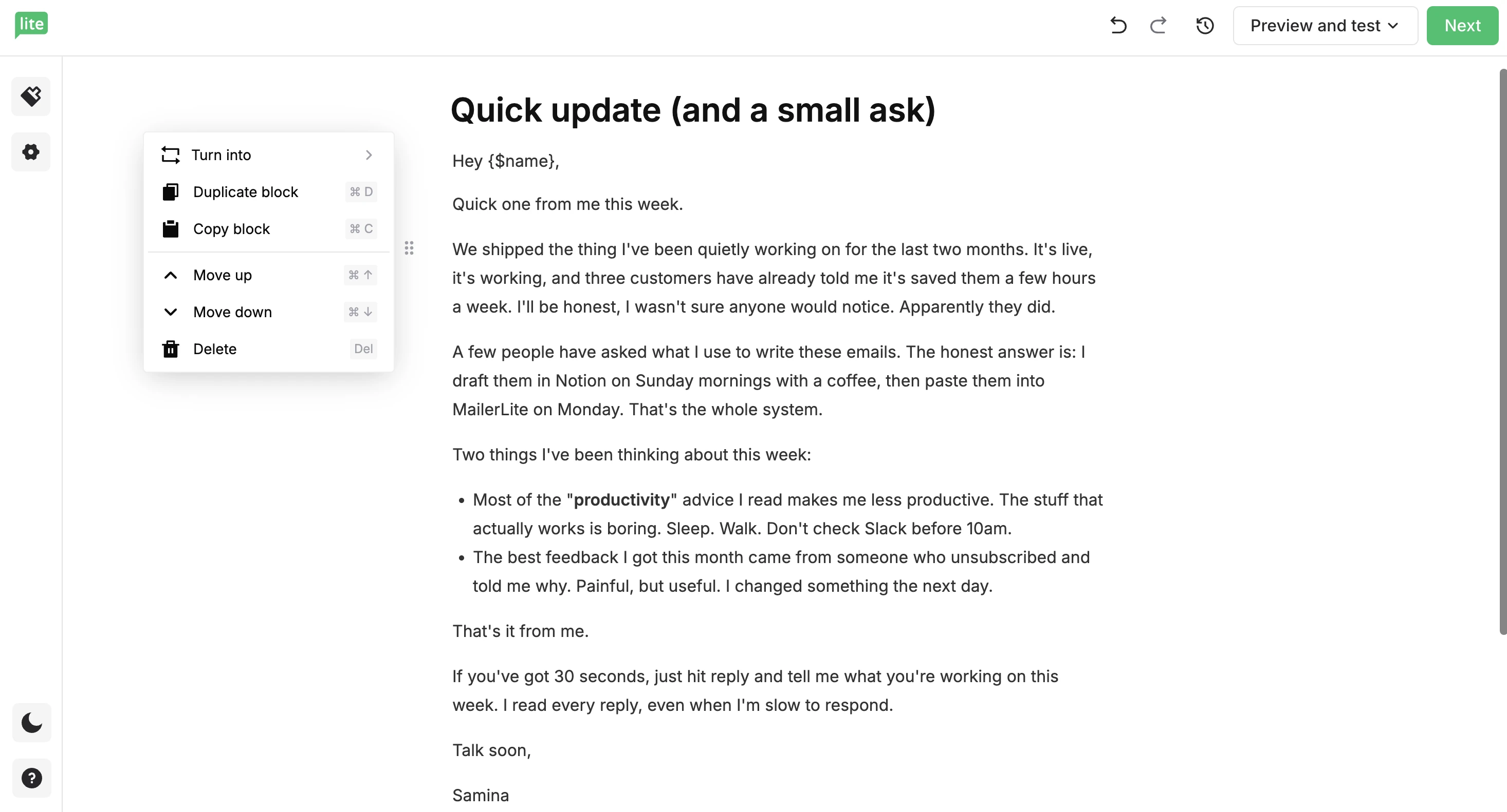 A newsletter by a founder built on the Simple email editor