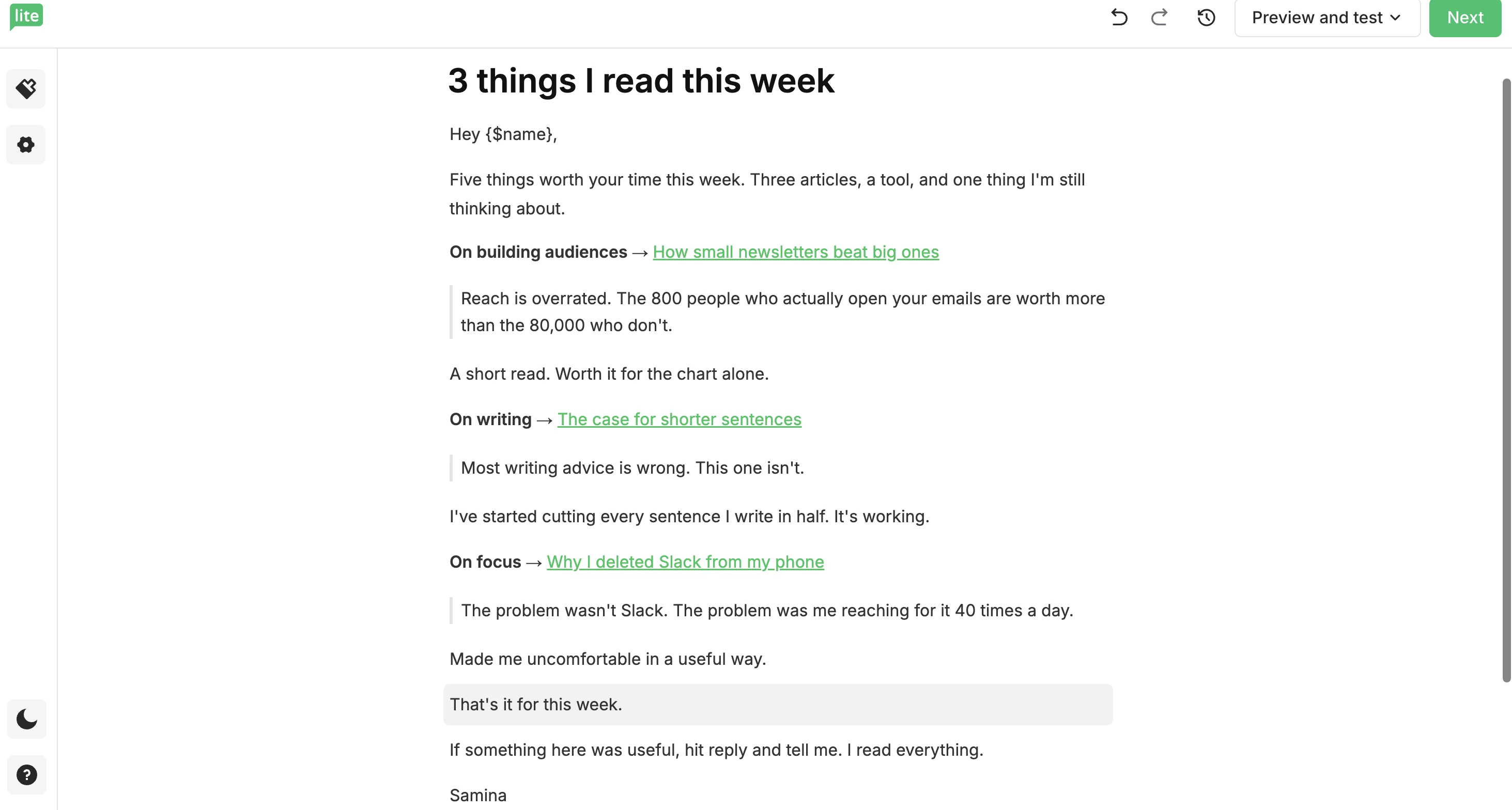 A newsletter built on the Simple email editor