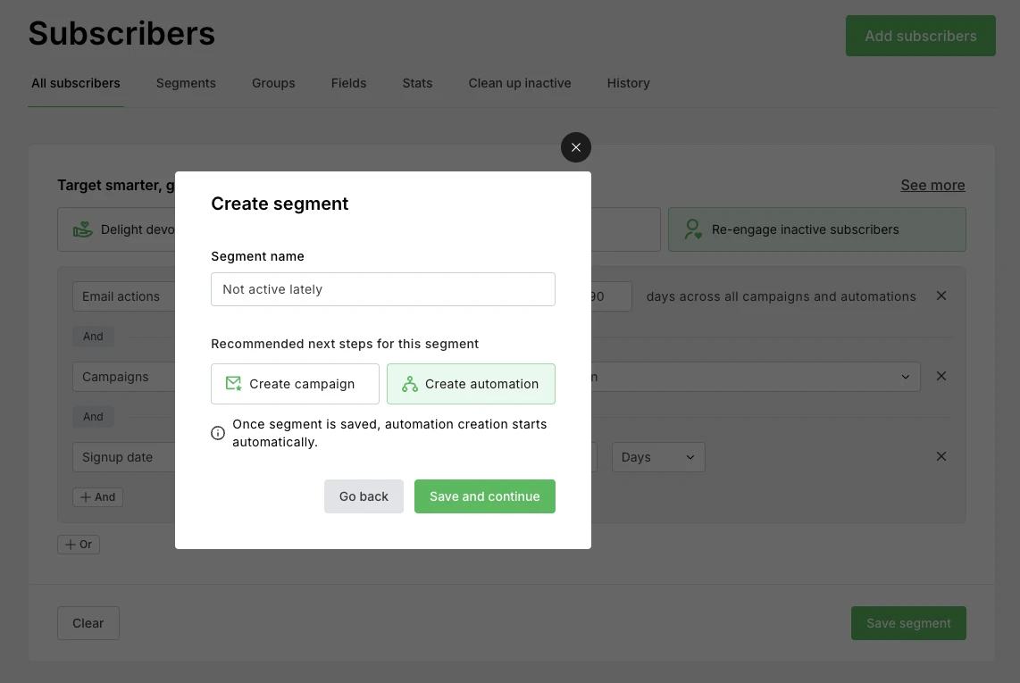 The trigger for when subscriber joins a segment in the MailerLite dashboard