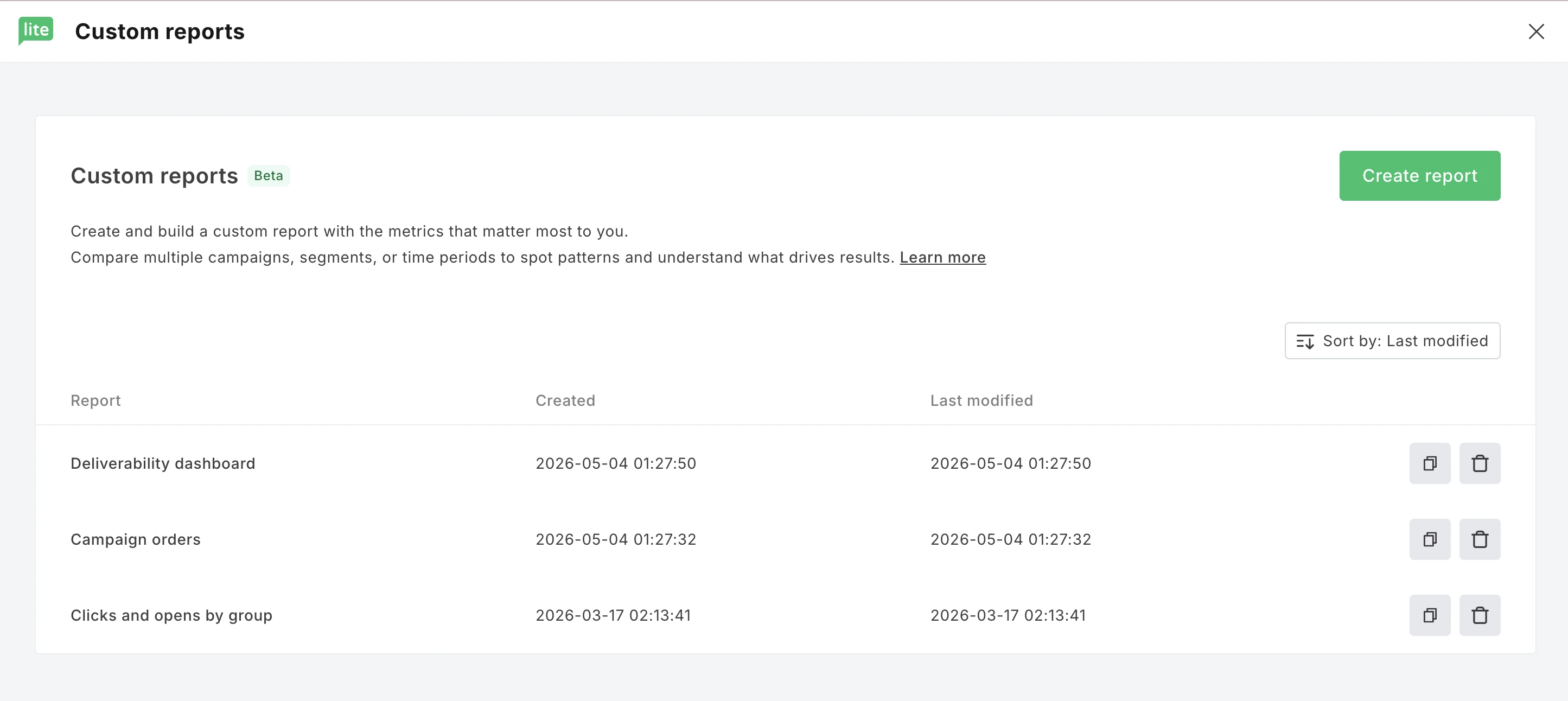 Screenshot of saved reports in the MailerLite custom reporting tool