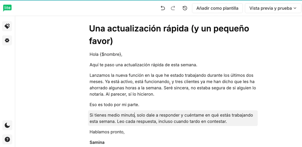 Newsletter de un fundador creada con el editor de Email sencillo.
