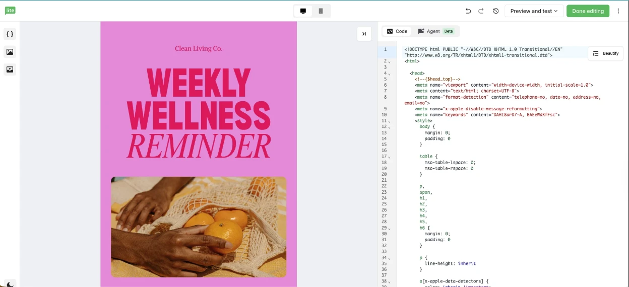 Una newsletter de Canva en el editor HTML de MailerLite