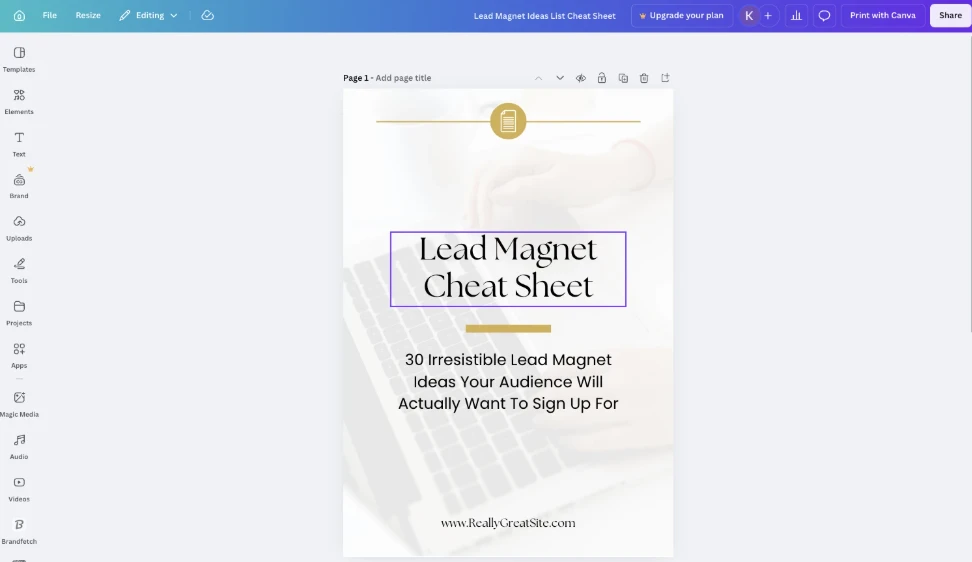 Un lead magnet creado en Canva