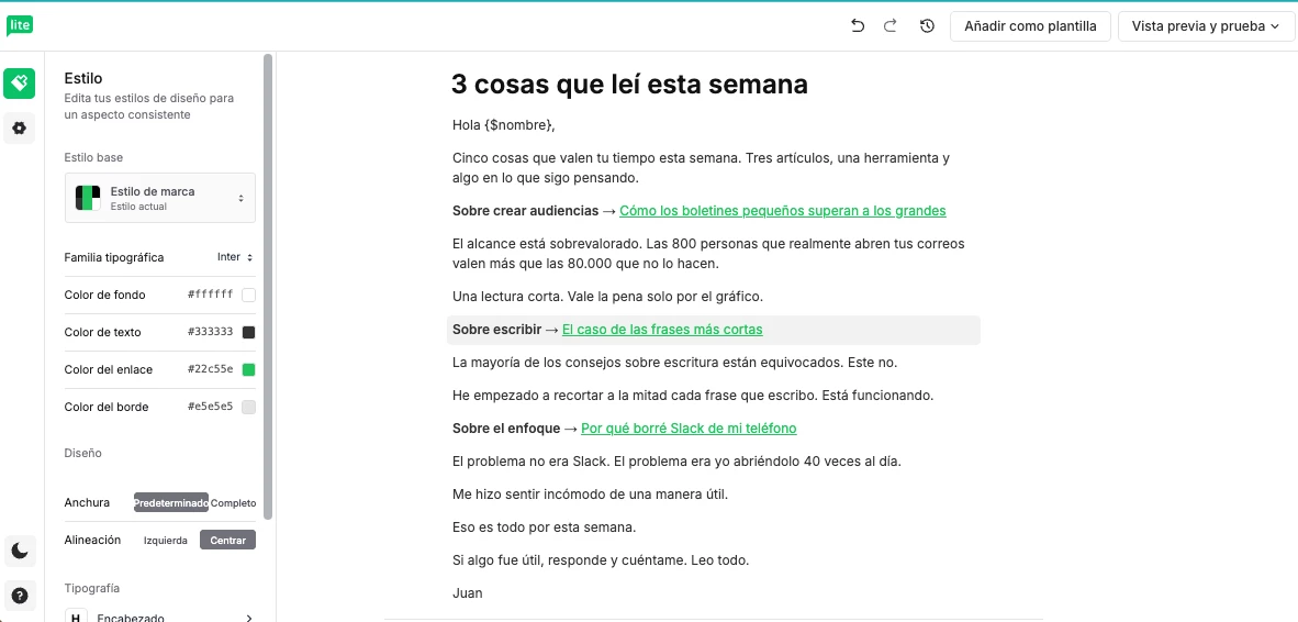 Una newsletter creada en el editor de Email sencillo de Mailerlite
