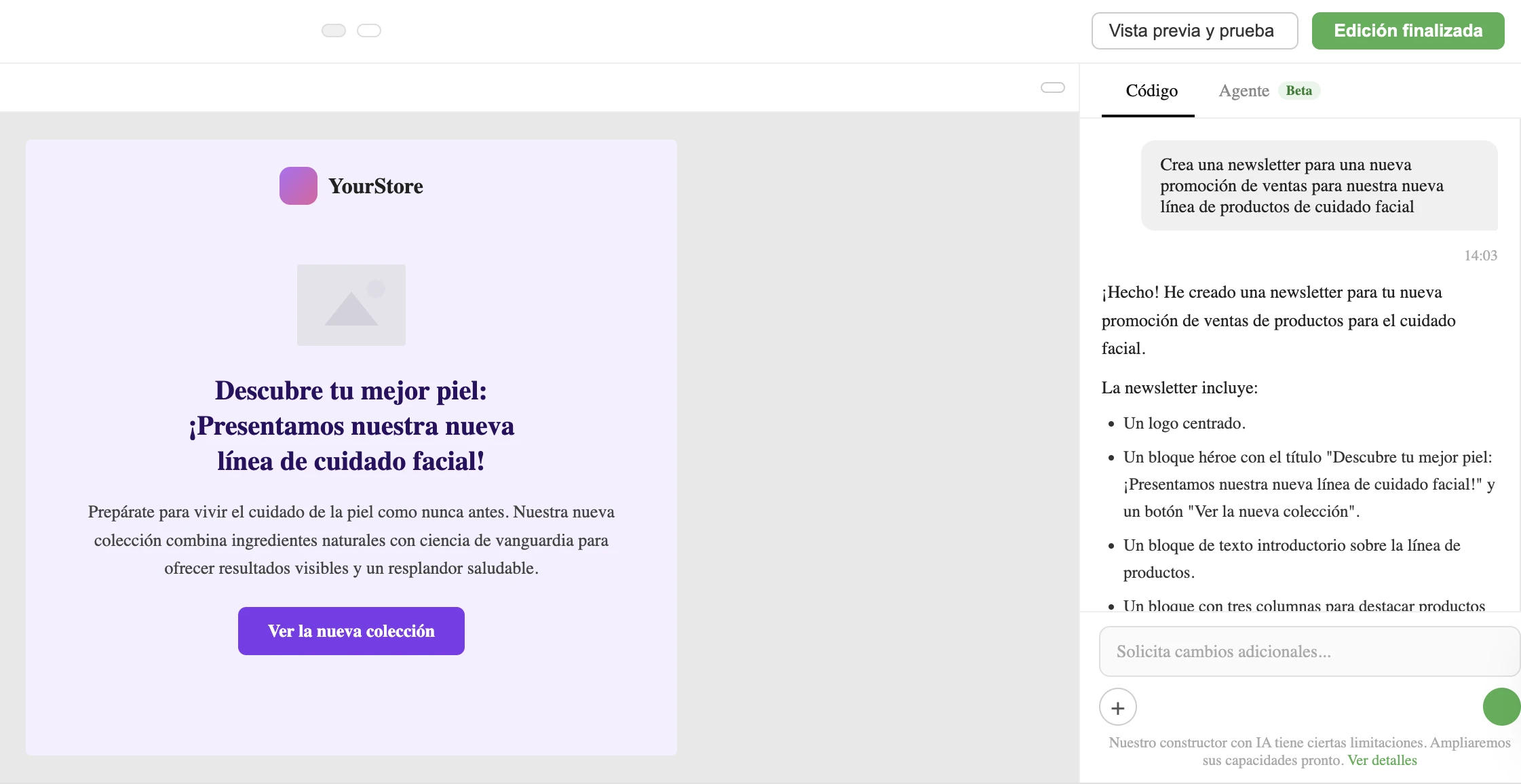 Un prompt para la IA en el editor de HTML personalizado.