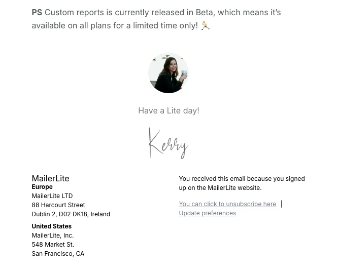 MailerLite email sign-off example ps signature