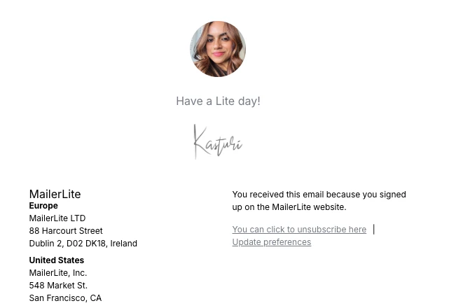 A handwritten email signature from MailerLite