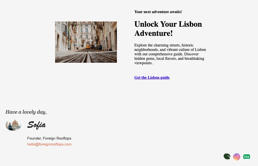 Foreign Rooftops email sign-off example beige calm colors newsletter signature