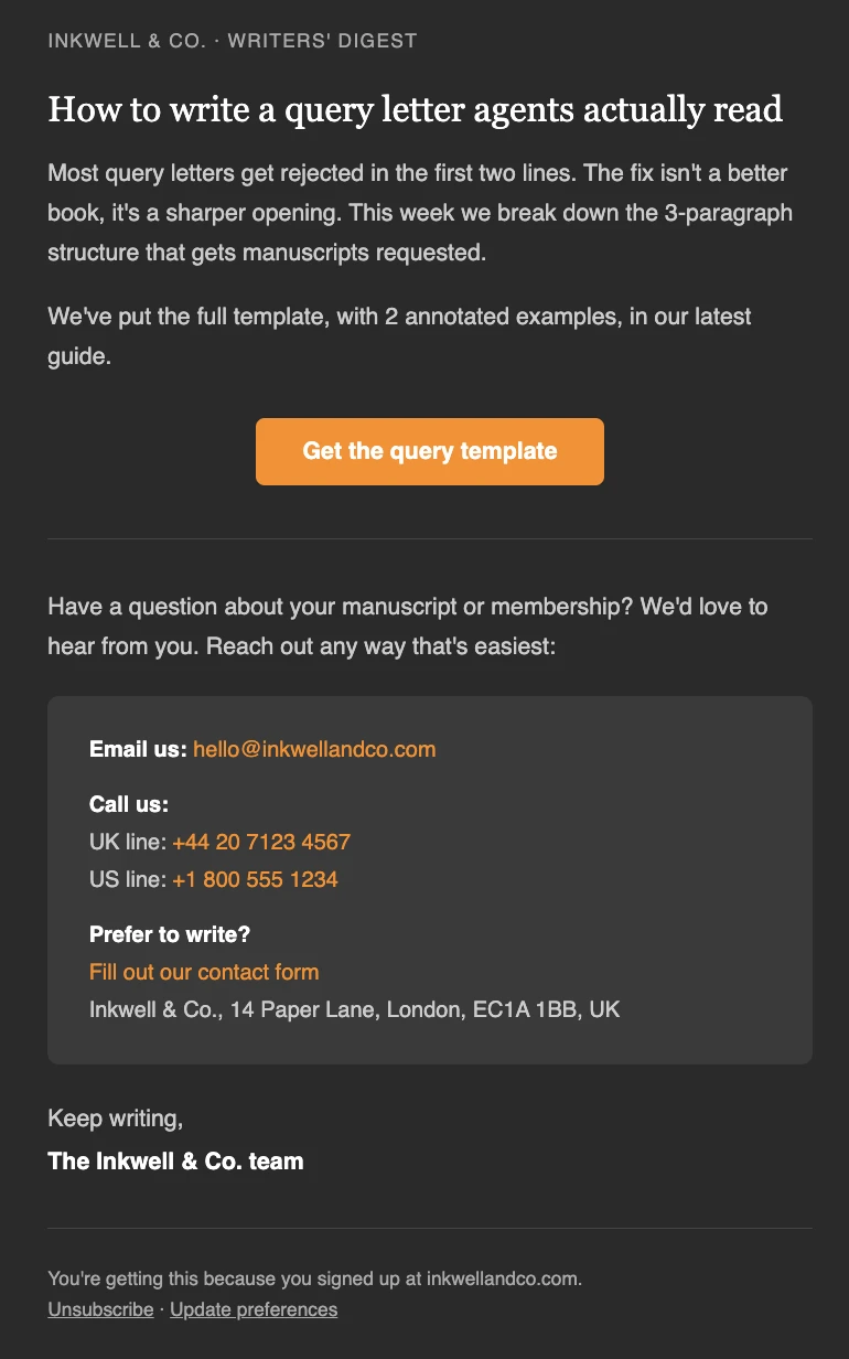 An email from a writing website includes their email address and phone lines