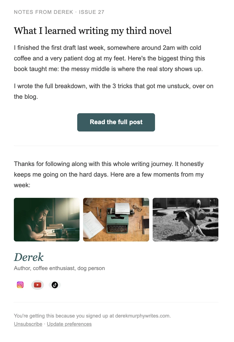 An author email sign-off created on MailerLite