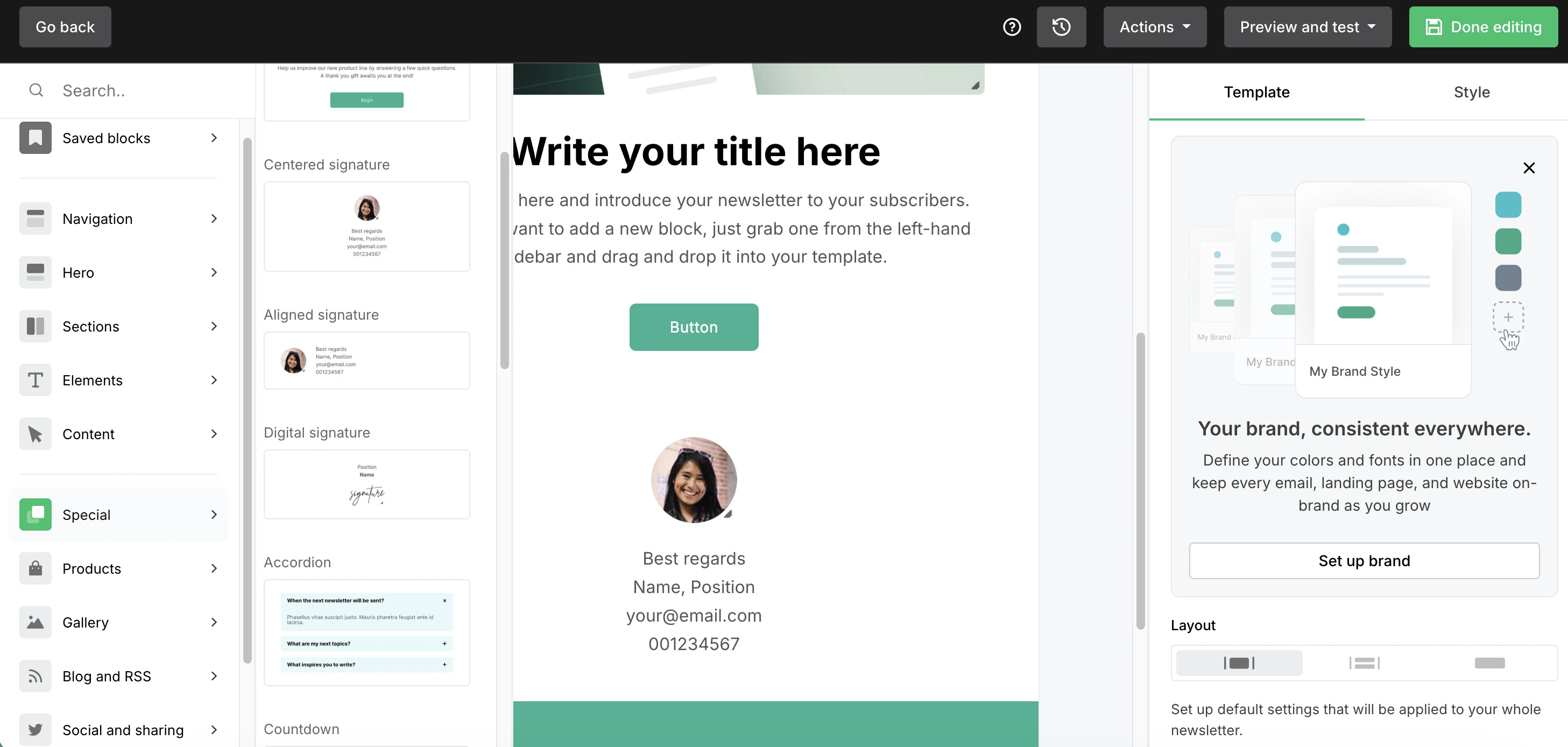 MailerLite email signature signoff blocks