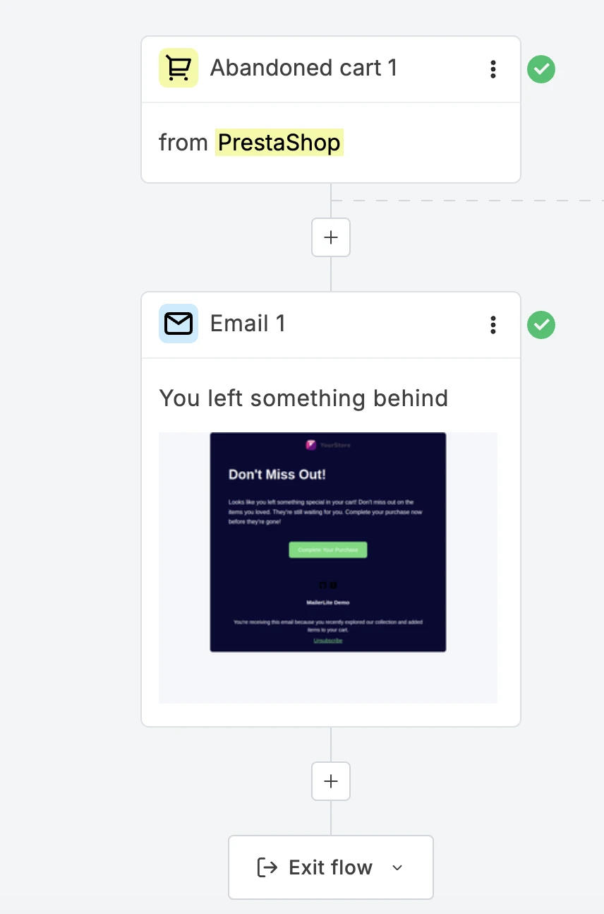 Prestashop abandoned cart email in MailerLite automation builder
