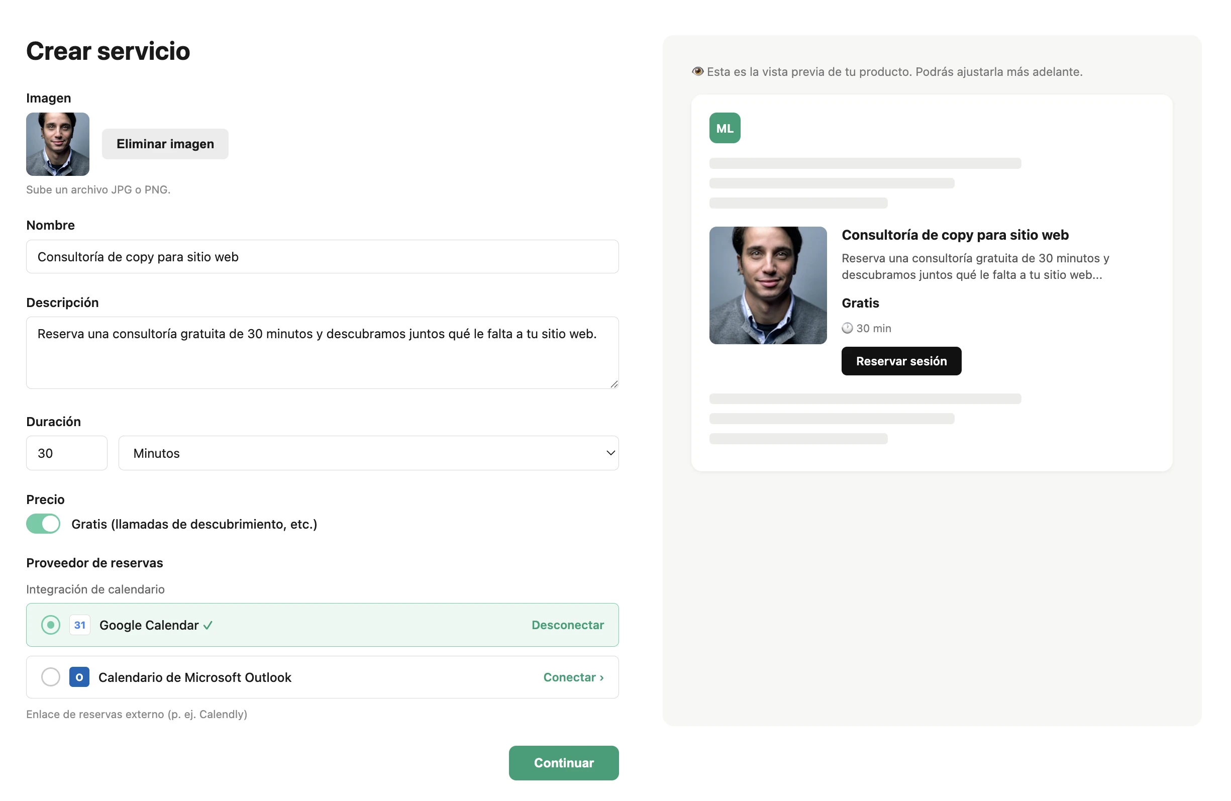Captura de pantalla de la página para cear citas de MailerLite