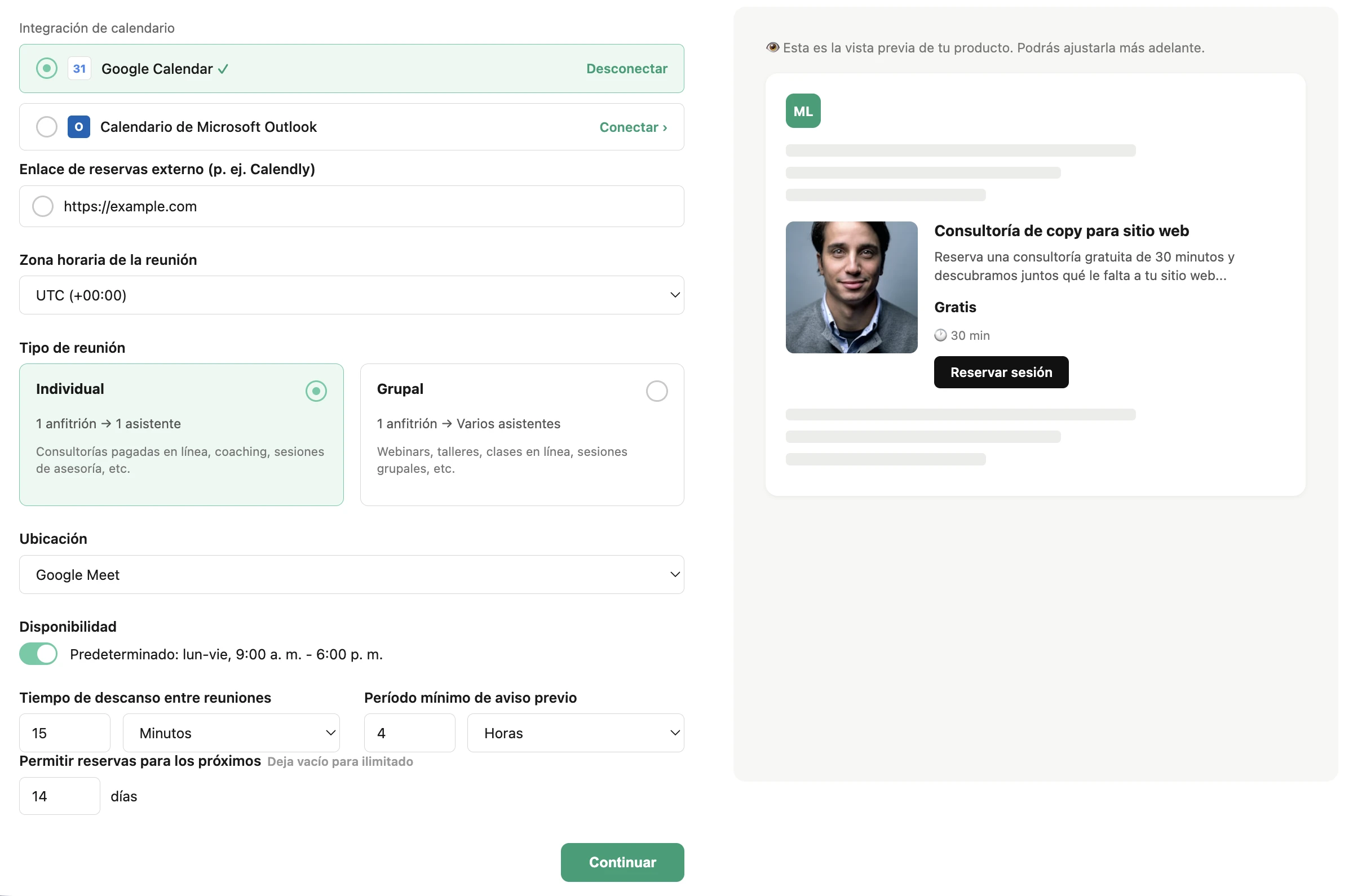 Captura de pantalla de la configuración de disponibilidad de reservas en MailerLite