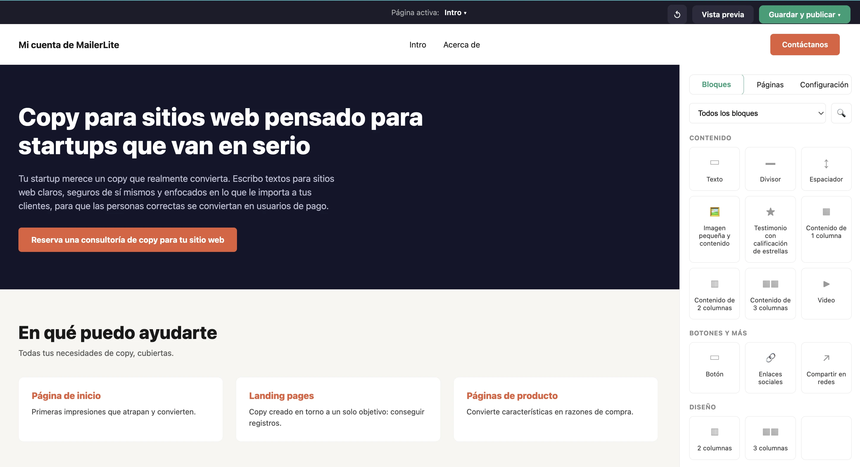 Captura de pantalla del creador de páginas web de MailerLite