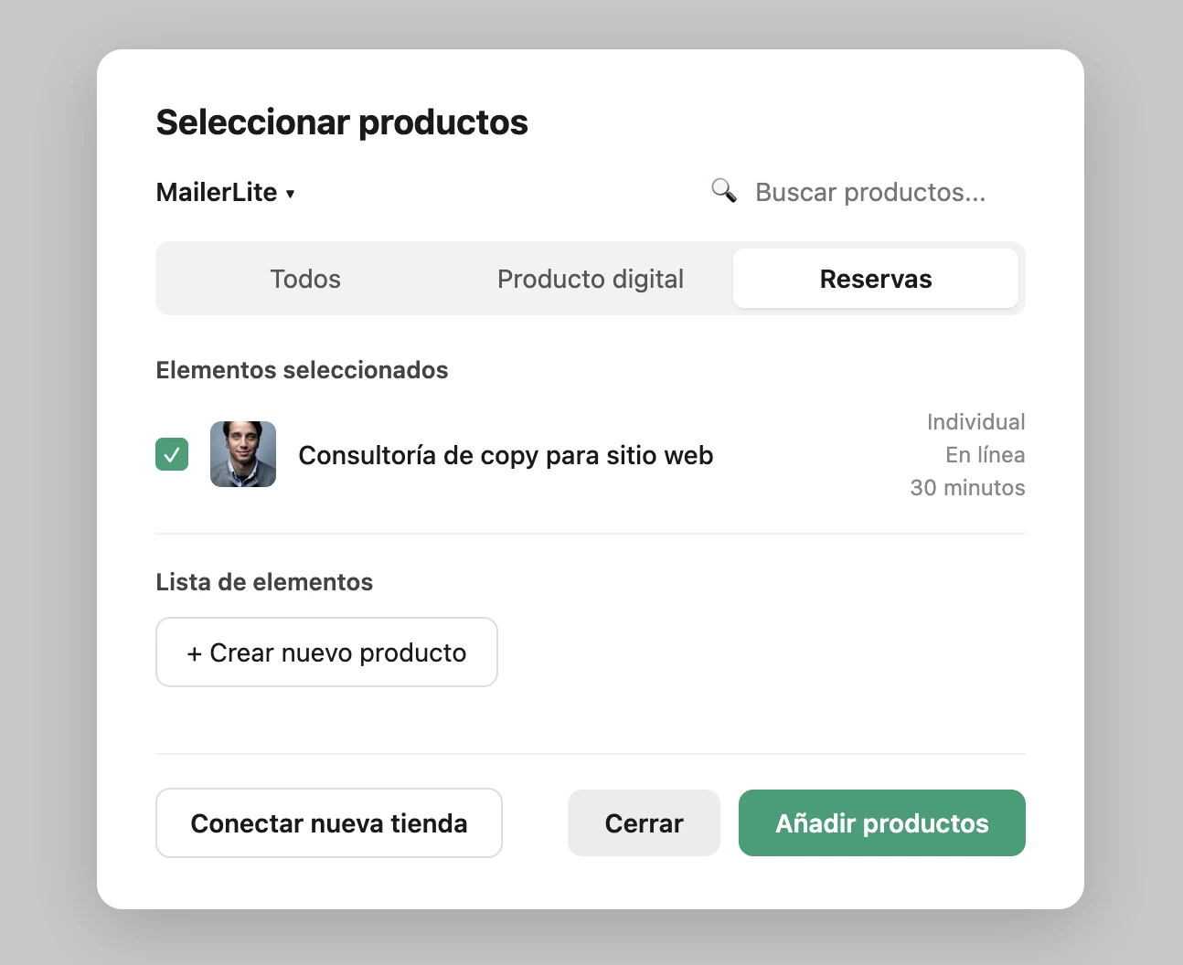 Captura de pantalla de la configuración del bloque de producto de MailerLite