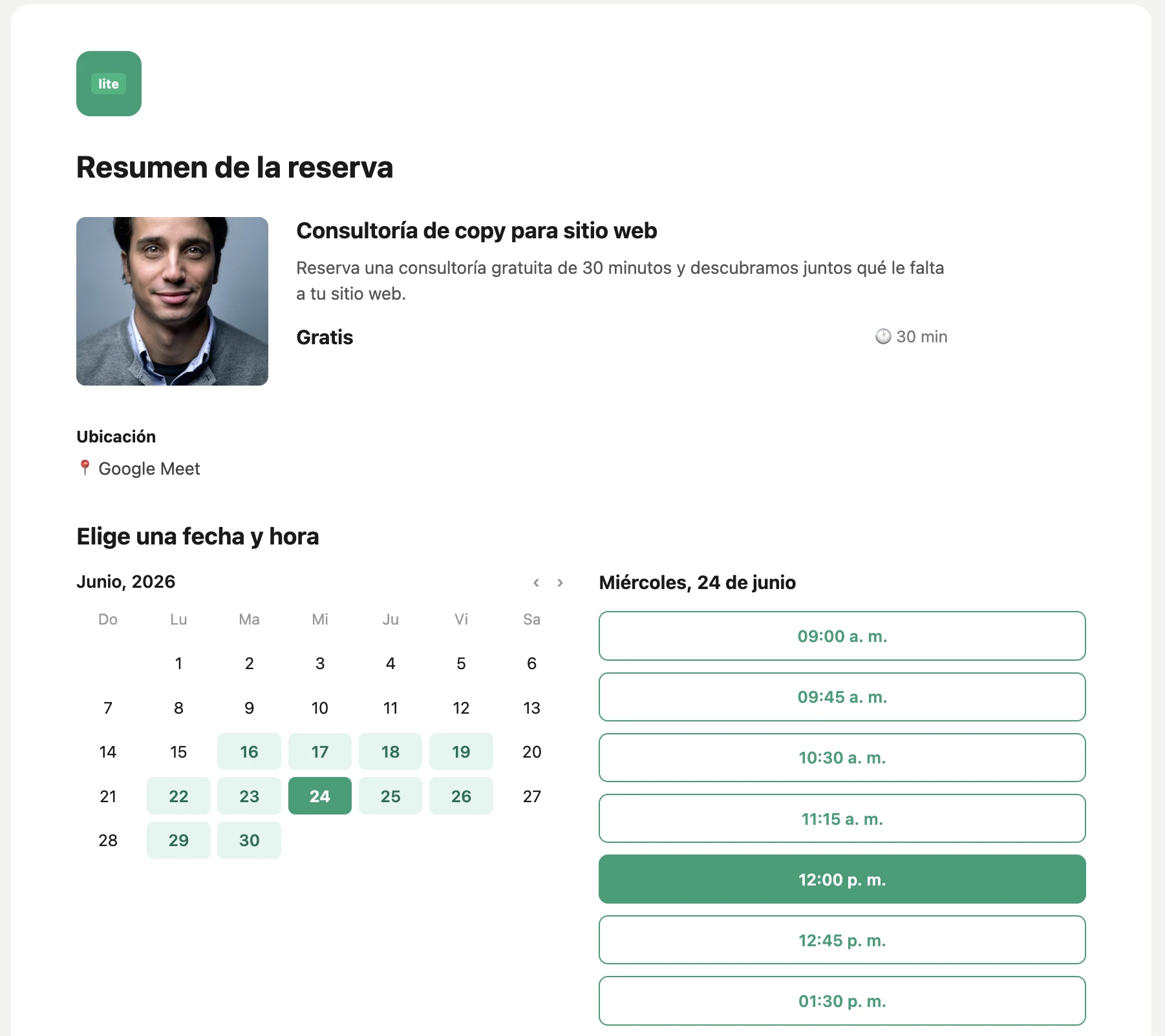 Captura de pantalla de una página de reservas creada con MailerLite