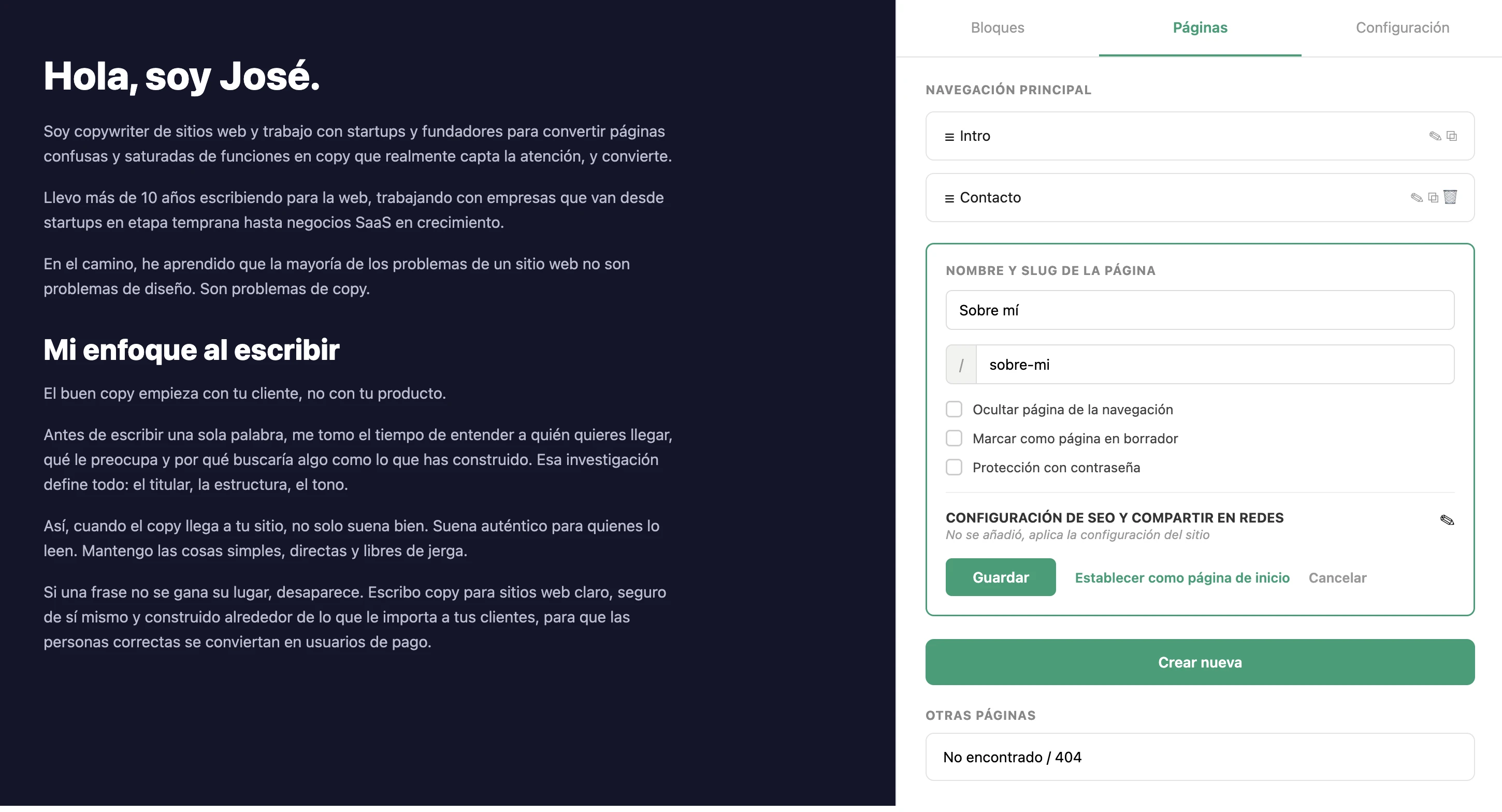 Captura de pantalla de las opciones de página en el creador de sitios web de MailerLite