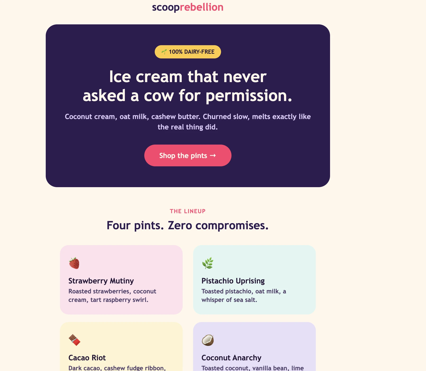 Ejemplo de tipografía de email de una marca de helados veganos