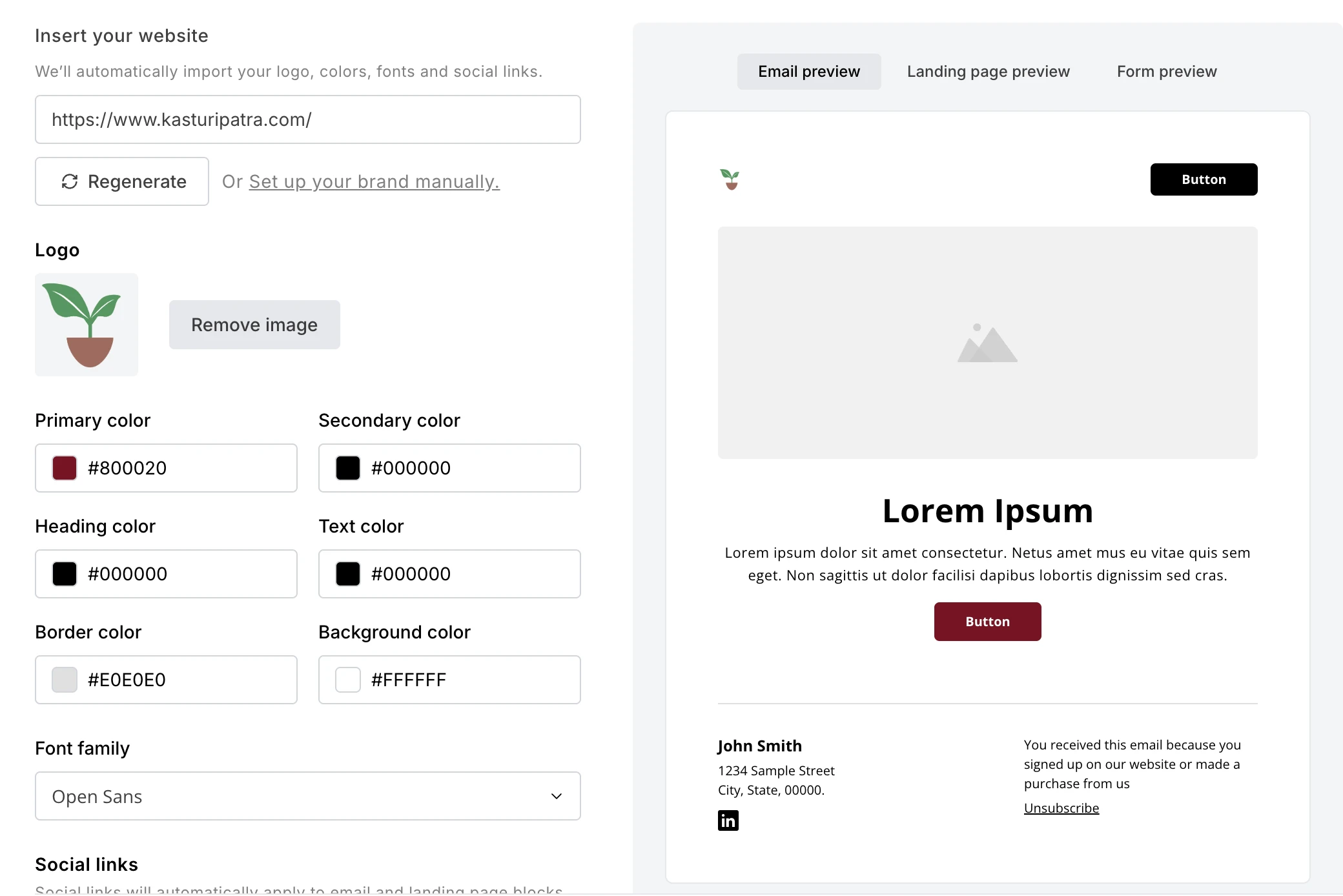 Importowanie brandingu strony przez URL w MailerLite