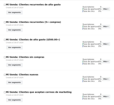 Captura de pantallas de segmentos de e-commerce de MailerLite