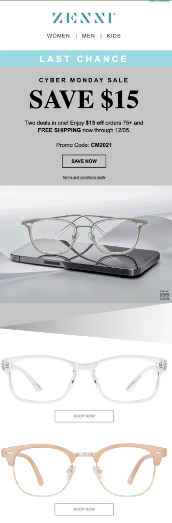 newsletter de última oportunidad de Zenni Optical