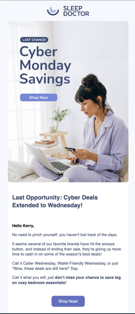 Email de Sleep Doctor que anuncia la ampliación de su oferta