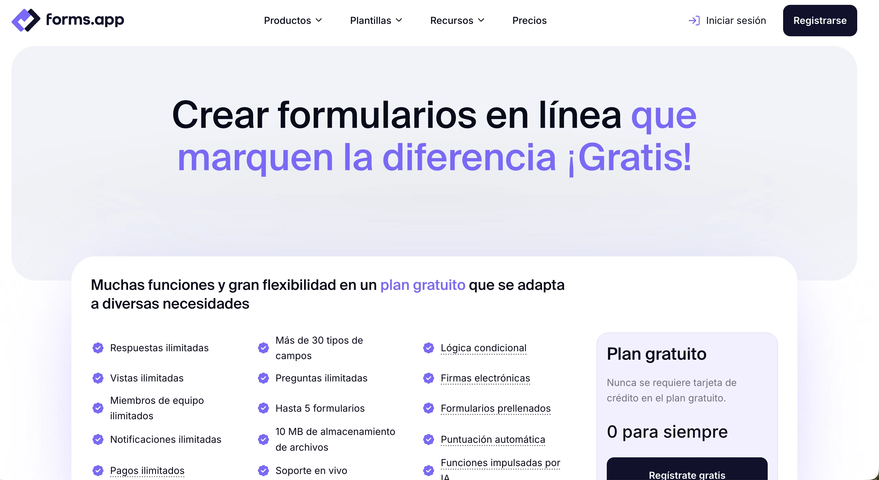Captura de pantalla de la página de inicio de forms.app