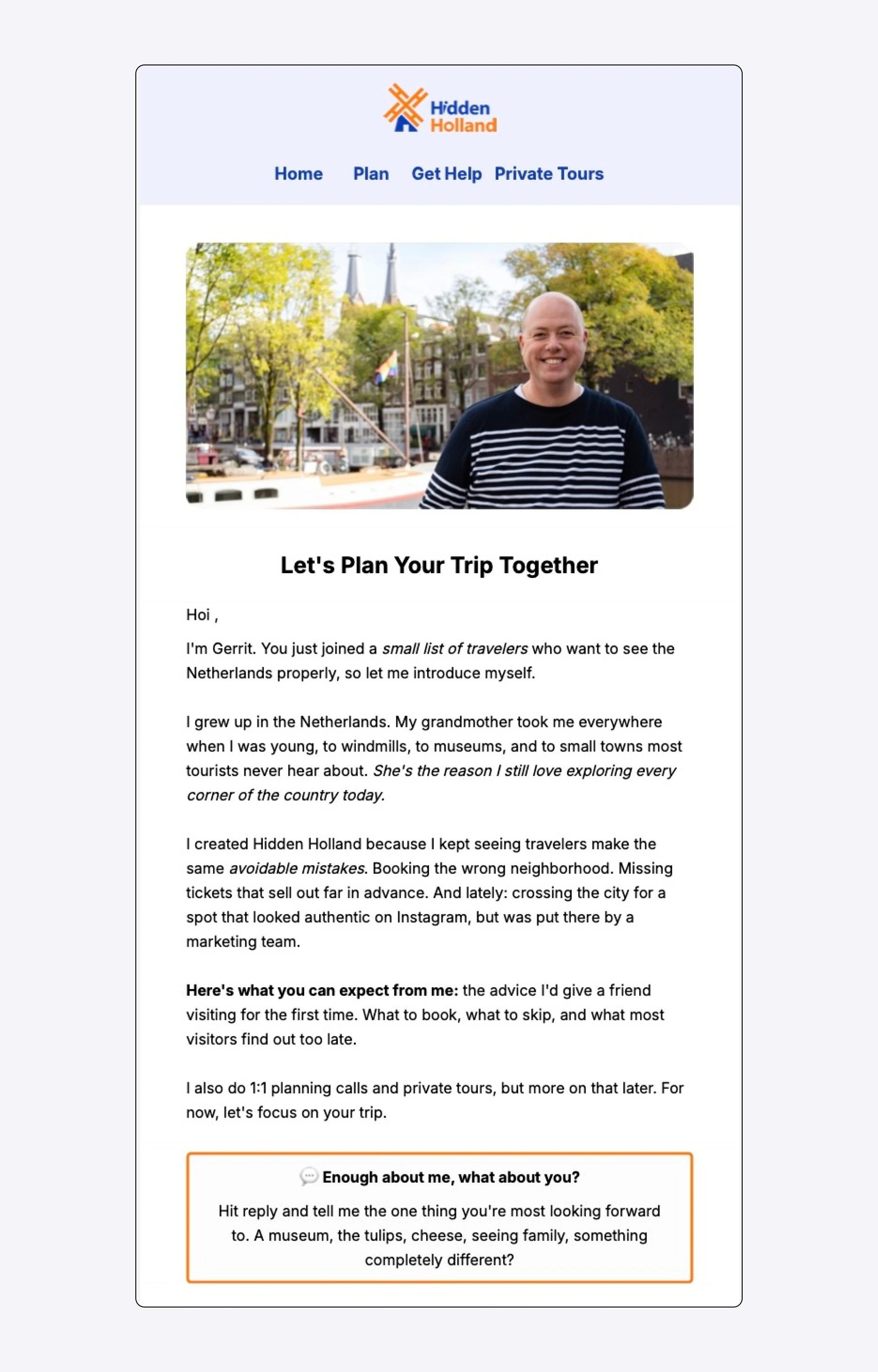 Screenshot of a email from the Hidden Holland welcome automation