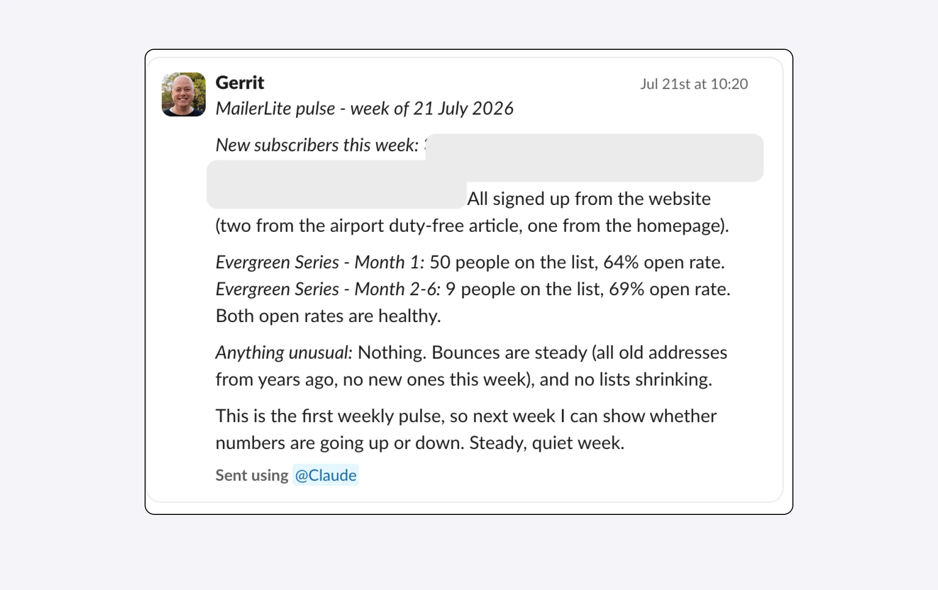 Screenshot of Gerrit's MailerLite pulse Slack roundup