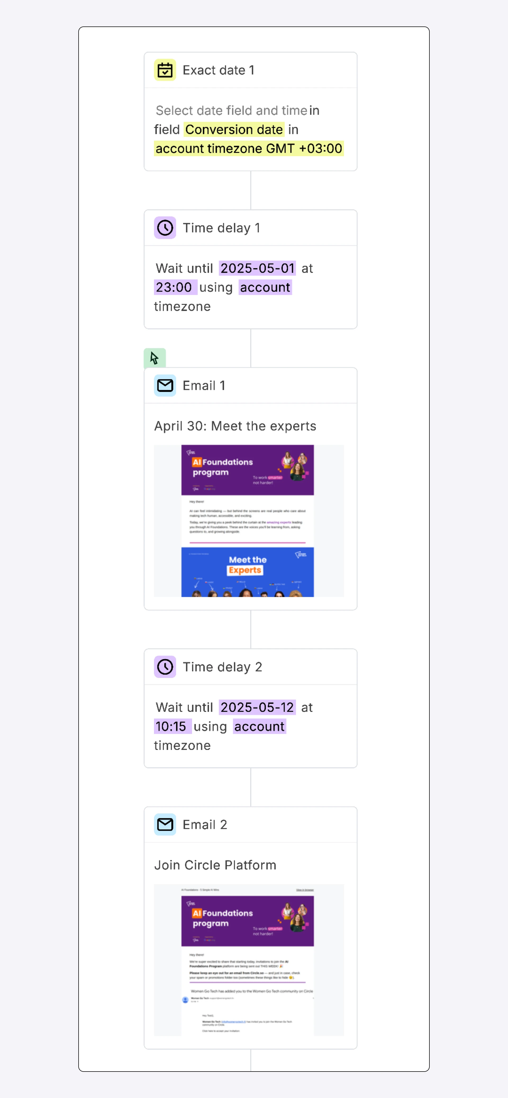 Screenshot of a Women Go Tech email automation